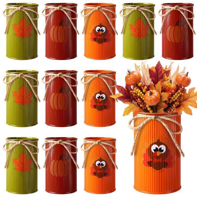 lot 31405 image: LemonRoad 12 Pcs Thanksgiving Vase Decor Farmhouse Flowers Table Centerpiece Decor Fall Metal Vases for Flowers with Twine Bow Turkey Maple Leaves Pumpkin Decors for Home Autumn Wedding Table Shelf&nbsp