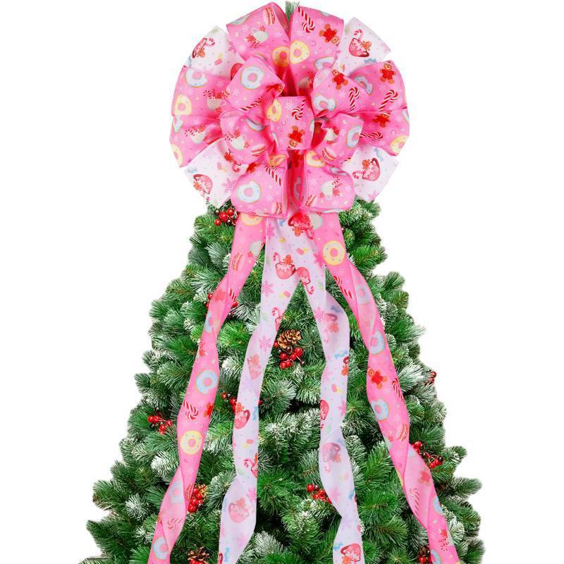 lot 31457 image: Fangleland Candy Theme Christmas Tree Topper Bow, Sweets Print Xmas Tree Topper Ribbon Hanging Ornament for Christmas Decorations Holiday Supplies Home Classroom Office Decor