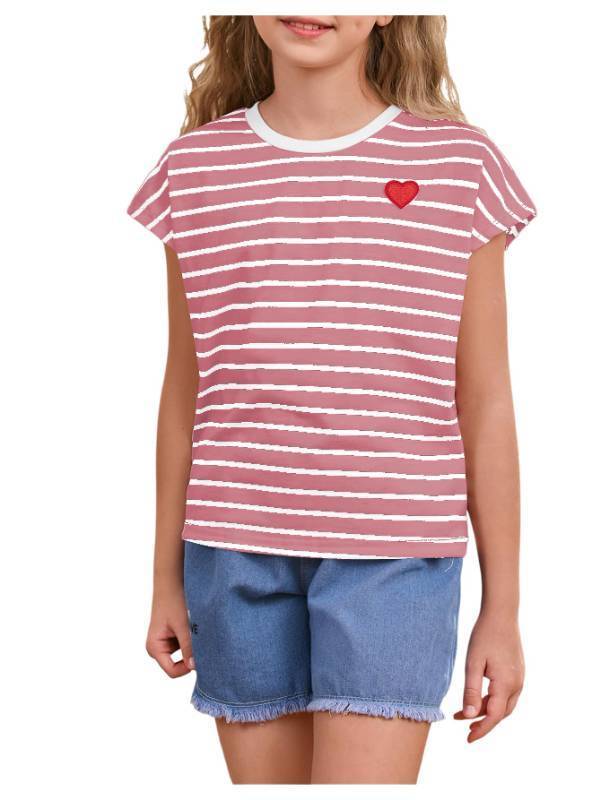 lot 194 image: Girls Cute Striped T-Shirts Short-Sleeve Heart Casual Dusty Pink Striped for 9-10 yr olds