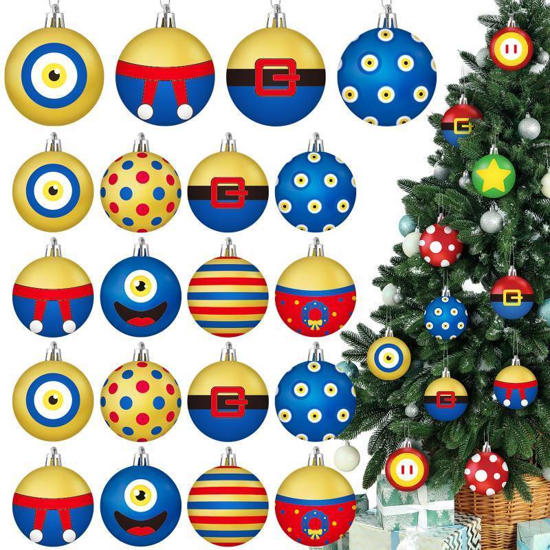 lot 202 image: 24 Pcs Christmas Tree Ball Ornaments 2.4 Inch Yellow and Blue Cartoon Hanging Plastic Christmas Ball Ornaments