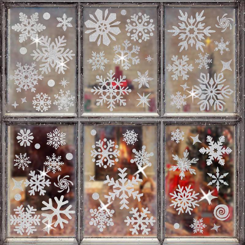 lot 214 image: Christmas Glitter Snowflake Window Clings 204 Pieces Double Sided Reusable PVC Static Stickers