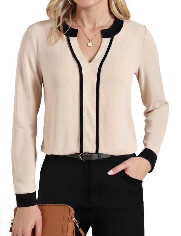lot 231 image: Long Sleeve V-Neck Blouse with Modern Color Block  Office to Dinner Stretch Top Apricot