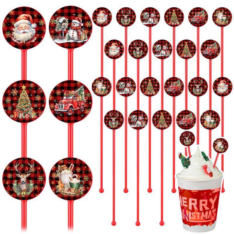 lot 306 image: 60pcs Christmas Swizzle Sticks Christmas Cocktail Stirrers Plastic Stir Sticks Xmas Santa Claus Snowman Decorations for Birthday Party Coffee Shop Supplies Favors Gifts (Buffalo Plaid)