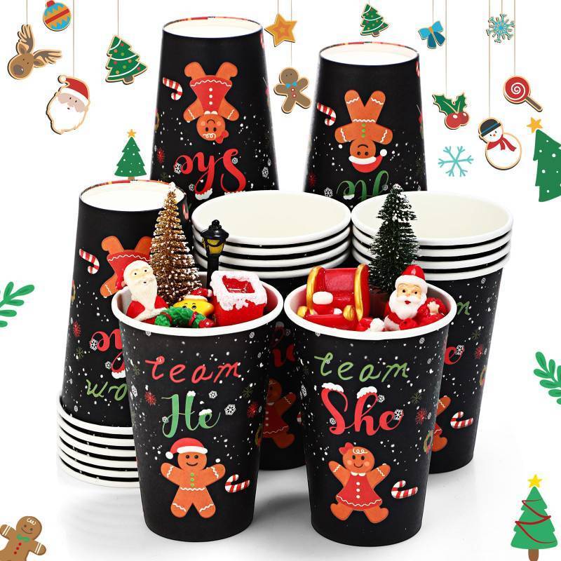 lot 31570 image: Jingmore 48 Pcs Gingerbread Gender Reveal Paper Cups 12 oz Christmas Gender Reveal Decorations Team He Team She Disposable Paper Cups for Christmas Baby Shower Party Supplie