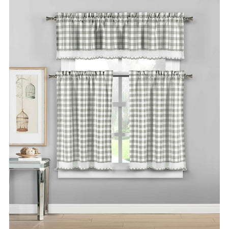 lot 31577 image: 3 Piece Plaid  Checkered  Gingham Kitchen Curtain Set 35% Cotton  1 Valance  2 Tier Panels  with Crochet Accent (Platinum)
