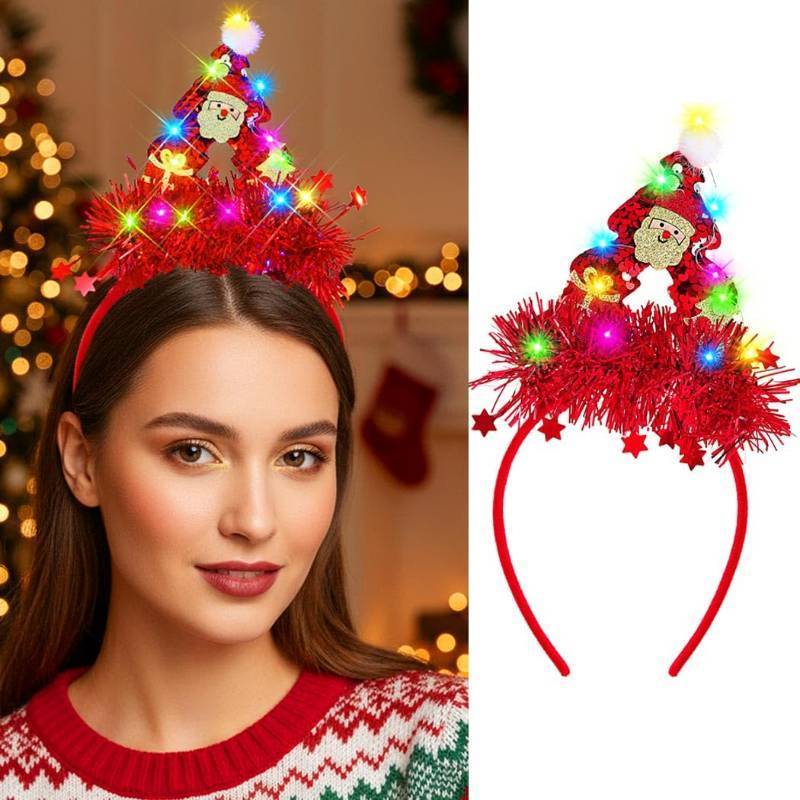 lot 31587 image: Light Up Christmas Tree Headband Led Sequin Santa Hair Band Glowing Christmas Gifts Xmas Hair Accessories for Women (2-Red)