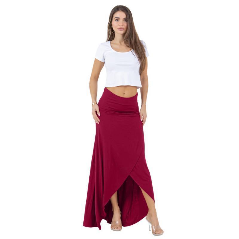 lot 31633 image: Hi-Low Maxi Skirt for Women Flowy Long Skirt with Slit, Foldover Waist, Rayon Stretch Skirt, Wrap Skirt for Women Plus Size 3X Burgundy