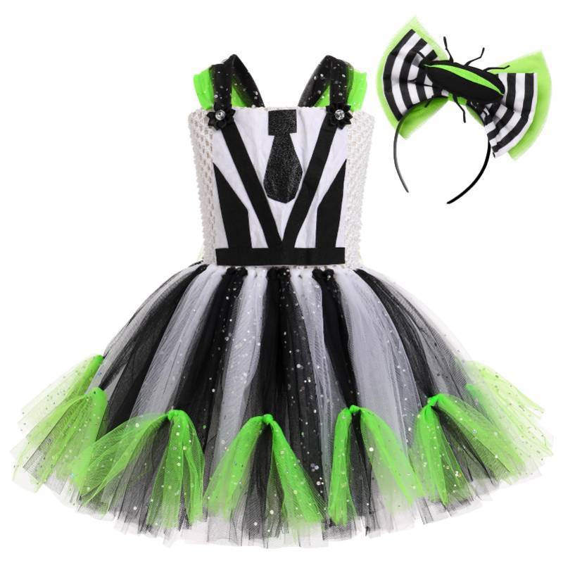 lot 31635 image: Kids Halloween Costume Black White Stripe Tulle Tutu Dress with Headband Set Carnival Fancy Dress Black White Stripe-Green 4-5 T