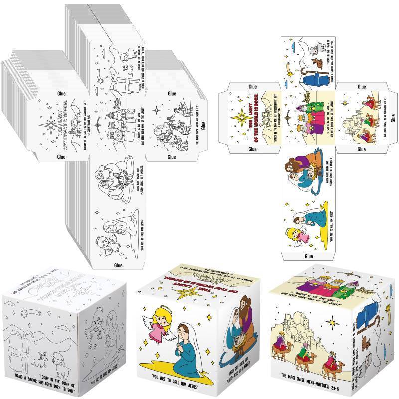 lot 31645 image: 36 Pcs Color Your Own Nativity Story Cubes Set DIY Coloring Christmas Nativity Scene Religious Christian Jesus Handicrafts Family Crafts Holiday Gifts Xmas Art Projects(Christmas)