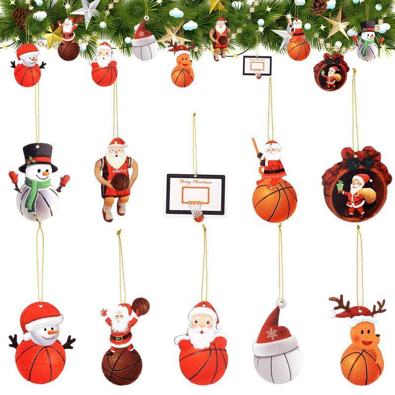 lot 31656 image: 20 Pcs Christmas Basketball Sports Ornaments with Rope Hanging Wooden Santa Snowmen Crafted Fun Basketball Christmas Ornaments for Xmas Tree Party Gifts