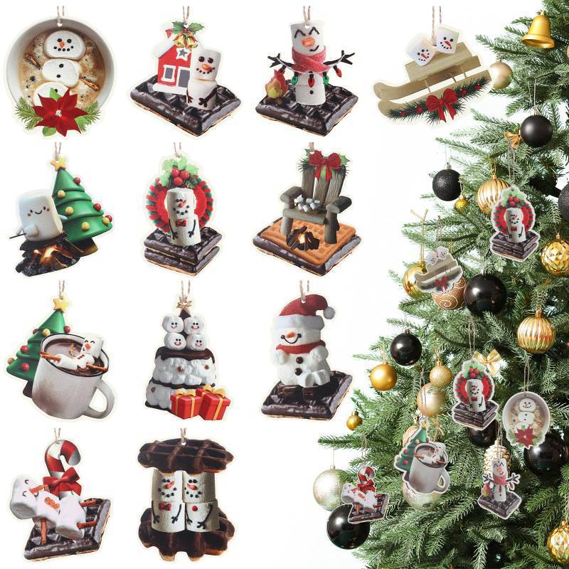 lot 367 image: 36 Pcs SMores Ornaments Roasting Marshmallow Christmas Wooden Hanging Ornaments