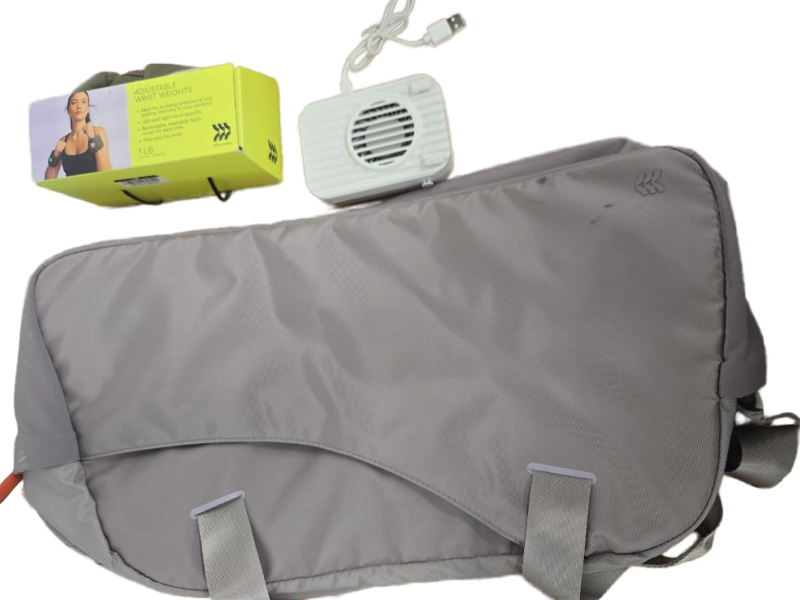 lot 23223 image: Grey Gym Bag with 1lb Wrist Weights and USB Fan
