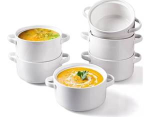 lot 845 image: DELLING 6 Pack Soup Bowls with Handles, 24 Oz Large Serving Soup Bowl Set Star-Geometric White Dinner Plates - Retail $50