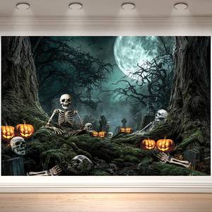 lot 856 image: 2 Count 10x6.5FT Halloween Backdrop Banner Full Moon Scary Night Castle Pumpkins Spooky Cemetery Halloween Party Decorations Backdrops for Photography Wall Photo Booth Studios Props(300x200cm)