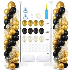 lot 857 image: 2 Sets Black Gold Balloon Column Stand Kit with Balloons Adjustable Balloon Column Tower Stand with Bases for Floor Confetti Black Gold Balloon Arch for 50th 60th Birthday Wedding School Holiday Party