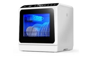 lot 2345 image: Portable Countertop Dishwasher in White with 3-Cycles 6-Modes 4-Place Settings Capacity and 40 dBA - Retail $200