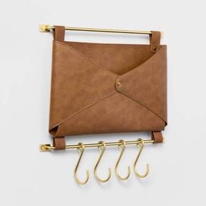 lot 4072 image: Entryway Organizer Faux Leather and Gold - Threshold Wall Mounted Mail Holder with Hooks, Brown, 14 Length
