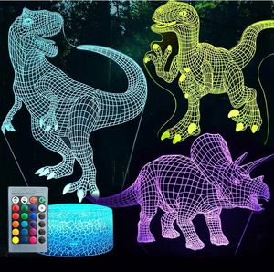 lot 4088 image: GLUAAE 3D Dinosaur Night Light, 3D Illusion Lamp Three Pattern and 7 Color Change Decor Lamp with Remote Control f (Three dinosaurs) 2 Pack