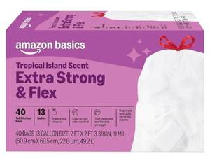 lot 4097 image: Amazon Basics Extra Strong & Flex Tall Kitchen Drawstring Trash Bags, Tropical Island Scent, 13 Gallon, 40 Count