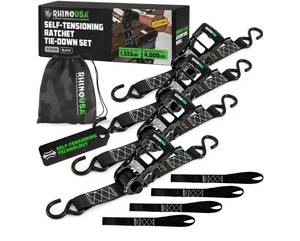 lot 4102 image: Rhino USA Self Tensioning Ratchet Tie Down Straps (4PK 1.6INX15FT)- Heavy Duty Patented Cargo Strap Keeps Tension When Your Load Shifts - Used for Motorcycle, ATV, UTV, Truck, General Cargo & More -Retail $70
