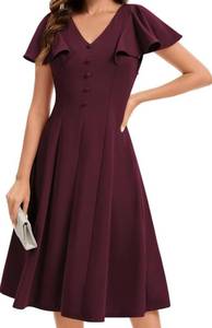 lot 9188 image: Bbonlinedress Burgundy Cocktail Dress for Women Vintage Wedding Guest Tea Length Church Mother of The Bride 50s Dress Burgundy L