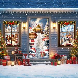 lot 9193 image: 2 Count Tioncy 3 Pcs Christmas Door Window Cover Decorations Set 71 x 35 Christmas Door Cover 47 x 32 Xmas Window Curtain Santa Claus Snowman Winter Reindeer Banner Backdrop for Outdoor Holiday Decor