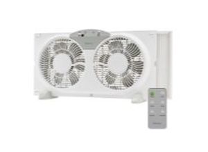lot 2411 image: Holmes Window Fan Twin Blade 3-Speed Digital 9 White Remote Control Quiet (See Details) - Retail $62