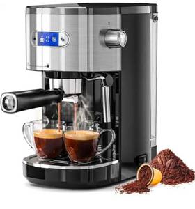 lot 2447 image: 2 Cups Stainless Steel Coffee Maker with Milk Frother Steam Wand, 45 oz. Removable Water Tank for Cappuccino - Retail $100