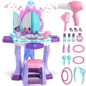 lot 4112 image: Lehoo Castle Kids Vanity Table and Chair Set, Makeup Table with Mirror Stool Lights Music