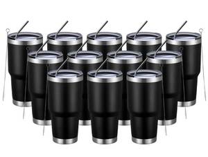 lot 4123 image: 30oz Insulated Tumbler With Lids and Straws,Stainless Steel Double Vacuum Coffee Tumbler Cup, Brush, Durable Powder Coated Coffee Cup for Cold & Hot Drinks, Office, Travel(Black,12 PACK) - Retail $95