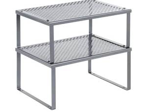 lot 4129 image: Spice Racks, Set of 2 Metal Cabinet Shelf Organizers, Countertop Organizers, Shelf Risers, Stackable, Expandable, Silver