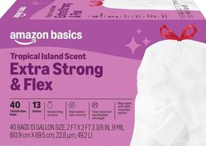 lot 4134 image: Amazon Basics Extra Strong & Flex Tall Kitchen Drawstring Trash Bags, Tropical Island Scent, 13 Gallon, 40 Count