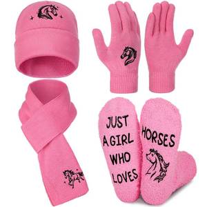 lot 9249 image: 4 Pcs Winter Warm Set for Women Knitted Beanie Scarf Gloves Fuzzy Slipper Socks Sloth Christmas Funny Gift Set(Horse)