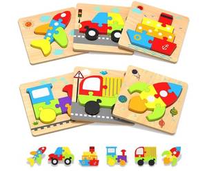 lot 9267 image: Wooden Toddler Puzzles Gifts Toys, 6 Vehicle Shape Montessori Toys Educational Blocks