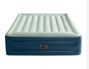 lot 16708 image: Intex Elevated 18 Pillow Rest Queen Air Mattress with Internal Pump - Off-WhiteBlue - Retail $60