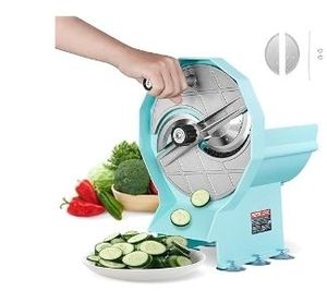 lot 2518 image: VEVOR Manual Vegetable Fruit Slicer, 0-0.50-12mm Thickness Adjustable Commercial Slicer Machine, Double Feed Ports, Stainless Steel Blade Food Cutter Slicing Machine for Cucumber, Lemon, Tomato - Retail $53