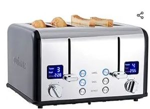 lot 2537 image: CUSIMAX 4 Slice Toaster, Stainless Steel, Ultra-Clear LED Display & Extra Wide Slots, with Dual Control Panels of 6 Shade Settings, CancelBagelDefrost Function, Removable Crumb Trays, Black (See Pics) - Retail $70
