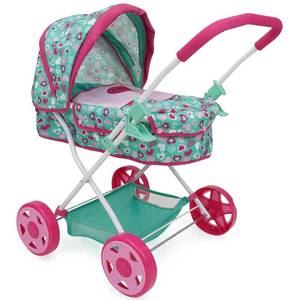 lot 4256 image: Mint Heart - Daisy Doll Pram - Pink & Green, Bassinet, Storage Basket, Retractable Canopy