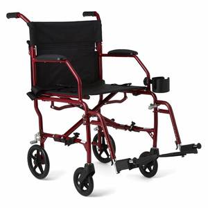 lot 4280 image: Medline Ultra Lightweight Transport Wheelchair for Adults, Foldable, 19-Inch Seat Width, Red Frame, Black Upholstery