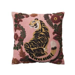 lot 4286 image: Multicolor Embroidered Tiger and Flowers Polyester 20 in. x 20 in. Slub Throw Pillow - Retail $56