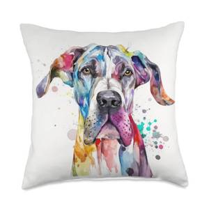 lot 4288 image: Great Dane Dog Colorful Watercolor Dog Throw Pillow