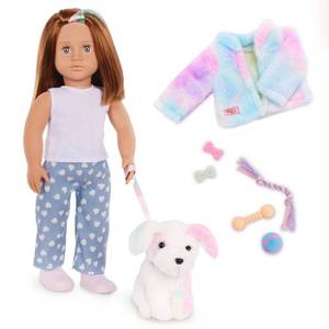 lot 1421 image: Our Generation Skylar & Bow Matching 18 Doll & Pet Rainbow Puppy Set
