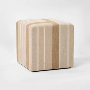 lot 1439 image: Lynwood Square Upholstered Cube Ottoman Beige Engineered Striped - Threshold designed with Studio McGee - Retail $110