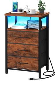 lot 1464 image: Yoobure Night Stand with Charging Station, 16 Colors LED Nightstand with USB Ports and Outlets, End Table with 3 Fabric Drawers and Storage Shelf, Bedside Tables Small Dresser for Small Space, Brown
