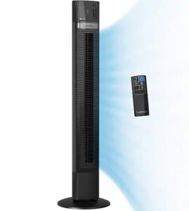 lot 2646 image: 48 in. Xtra Air 4-Speed Tower Fan in Black with Carry Handle, Oscillating, Remote Control, Nighttime Setting, Timer (Missing Control)- Retail $107