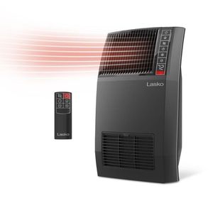 lot 16737 image: 1500-Watt 20 in. Black Electric Console Ceramic Space Heater with Tip-Over Switch, Adjustable Louvers, Timer, Remote - Retail $90