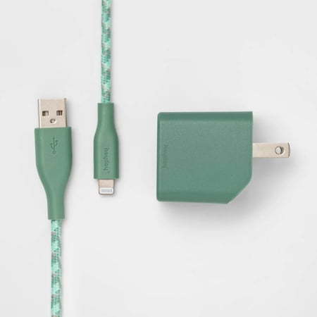 lot 30538 image: 2-Port Wall Charger 15W USB-C &amp 5W USB-A (with 6 Lightning to USB-A Cable) - heyday Evergreen&nbsp