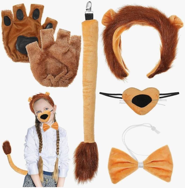 lot 31261 image: Lion Costume Accessories Set 6 Pieces Including Ears Headband Tail Nose Bowknot and Gloves for Halloween Jungle Animal Cosplay and Photo Booth Props