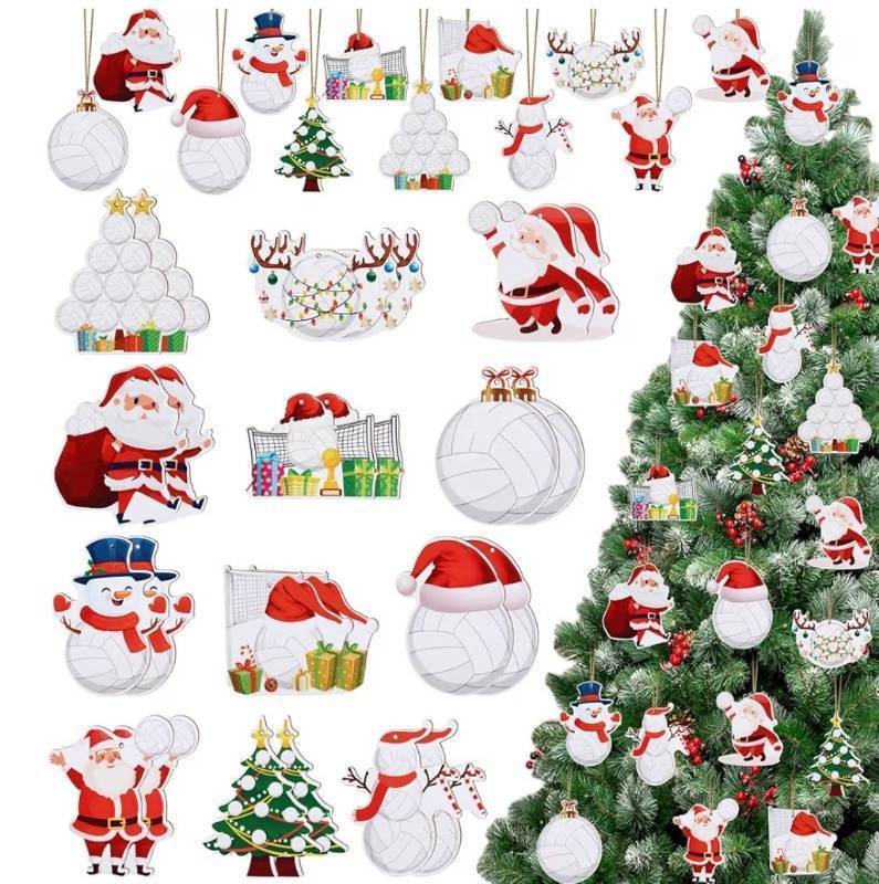 lot 23920 image: 24Pcs Wooden Christmas Volleyball Ornaments, Xmas Hanging Pendant Decorations