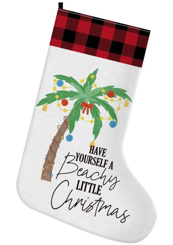 lot 23966 image: Funny Christmas Stocking, Have Yourself A Beach Little Christmas with Burgundy Buffalo Plaid Trim
